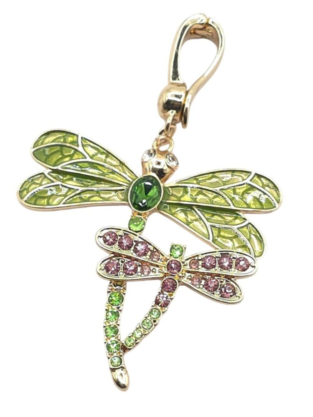 Dragonfly Pendant Charm With Green & Pink Crystals Gold-Tone Finish Lobster Clas - Picture 2 of 11